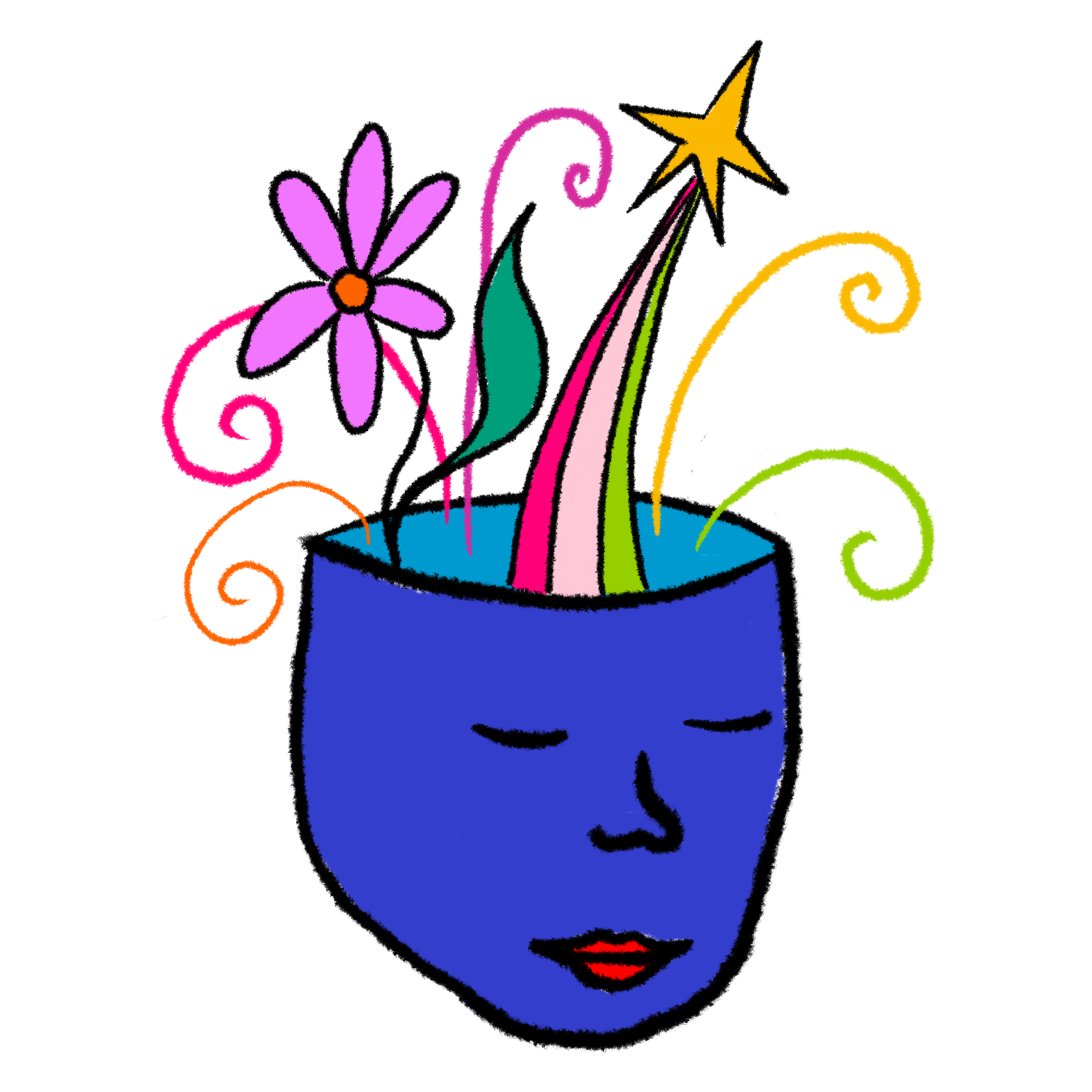 a doodle of a head with a flower, a star, and coloured swirls emerging from the crown.